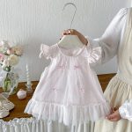 【73-100cm】ワンピース ベビー フリル スリーブ 蝶結び