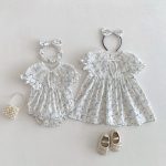 【66-140cm】ロンパースorワンピース ベビー 姉妹服 レースブルー花