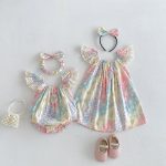 【66-130cm】ロンパースorワンピースベビー 姉妹服 カラフル フリル