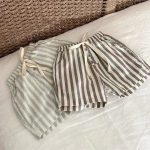 【73-100cm】ショートパンツ ベビー ボタン付き ゴムウエスト ストライプ