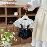 【66-100cm】セットアップ ブラック フラワー サロペット&シャツ - 画像 (3)