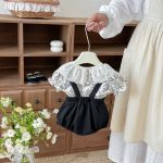 【66-100cm】セットアップ ブラック フラワー サロペット&シャツ - 画像 (4)