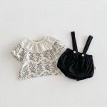 【66-100cm】セットアップ ブラック フラワー サロペット&シャツ - 画像 (8)