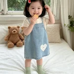 【73-120cm】ワンピース or シャツ ベビー ハート デニム - 画像 (2)