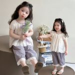 【90-140cm】セットアップ 女の子 レース 半袖 ブラウス チェック柄 9分丈 ワイドパンツ