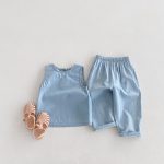【80-130cm】セットアップ キッズ服 ノースリーブ デニム