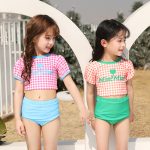 【80-140cm】水着 セットアップ 女の子 チェック プリント 帽子付き おしゃれ 水遊び スイムウェア