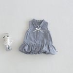 【73-100cm】ワンピース ベビー ノースリープ 折り襟 ボーダー柄