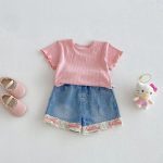【73-100cm】トップスorショートパンツ ベビー 切り替え リボン付き