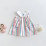 【80-130cm】ワンピース 女の子 ストライプ 刺繍 ノースリープ - 画像 (2)